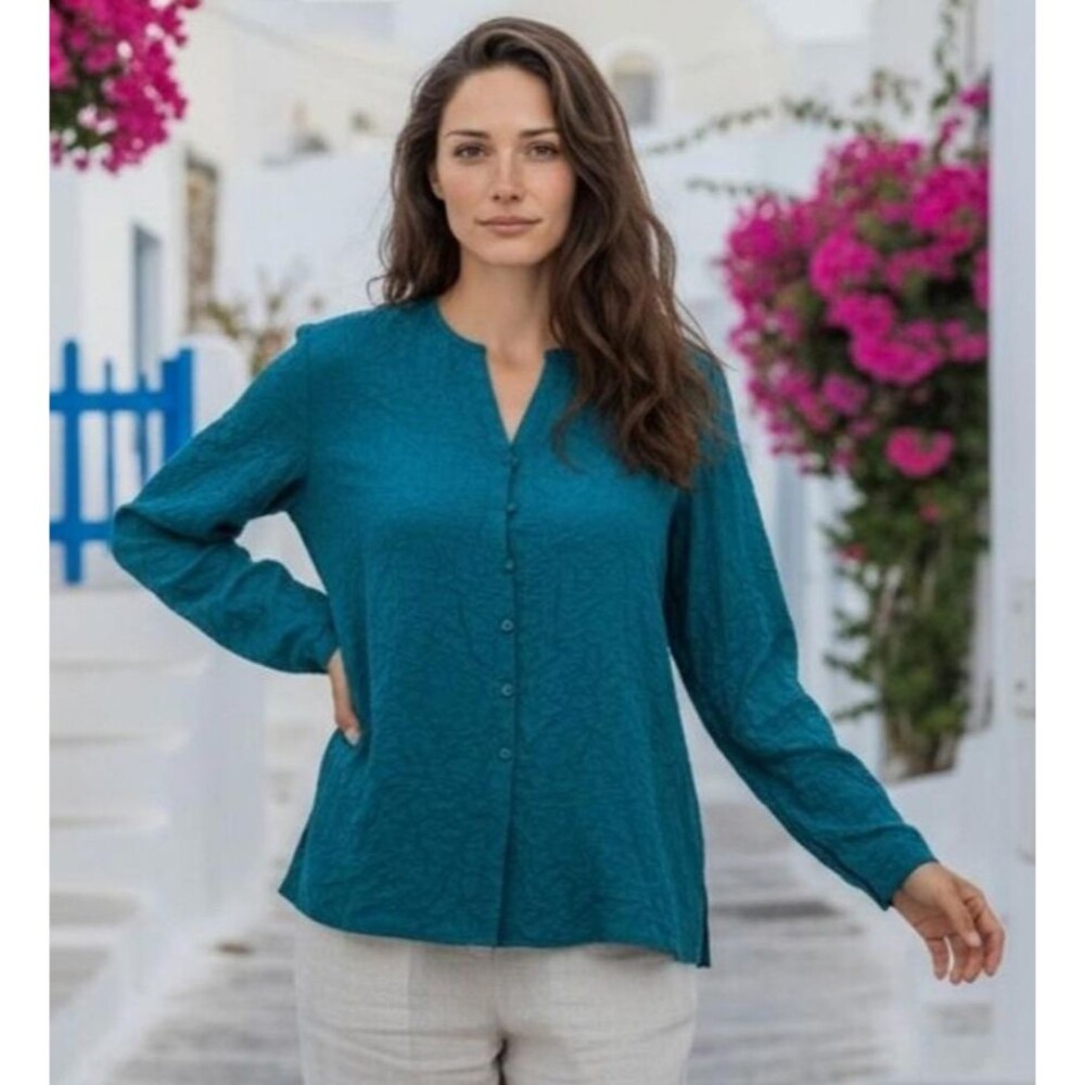 Vintage Eileen Fisher Teal Silk Crinkle Button-up Top Size LP